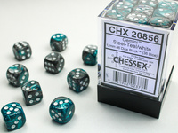 Chessex Gemini 12mm d6 Dice Blocks with pips Dice Blocks (36 Dice) - Steel-Teal w/white