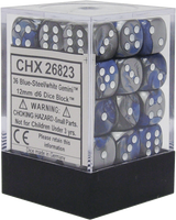 Chessex Gemini 12mm d6 Dice Blocks with pips Dice Blocks (36 Dice) - Blue-Steel w/white