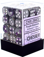 Chessex Gemini 12mm d6 Dice Blocks with pips Dice Blocks (36 Dice) - Purple-Steel w/white