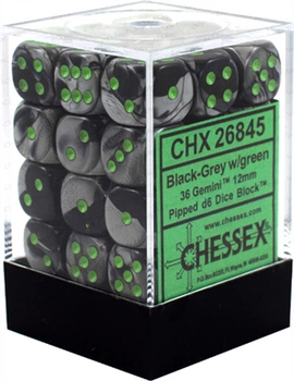 Chessex Gemini 12mm d6 Dice Blocks with pips Dice Blocks (36 Dice) - Black-Grey w/green