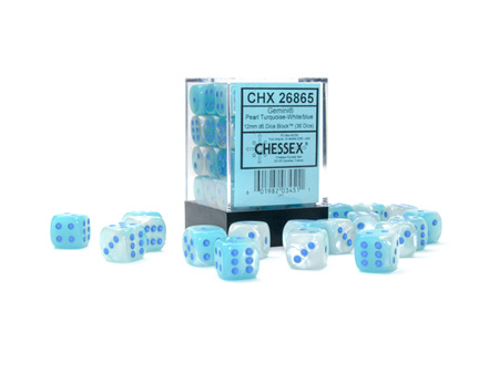 Zestaw Kości Chessex - kości k6 12mm (36 kości) -  Pearl Turquoise-White/blue Luminary