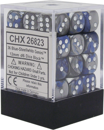 Chessex Gemini 12mm d6 Dice Blocks with pips Dice Blocks (36 Dice) - Blue-Steel w/white