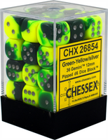 Zestaw Kości Chessex - kości k6 12mm (36 kości) - Green-Yellow w/silver