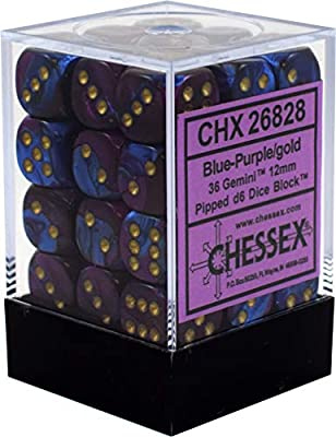 Chessex Gemini 12mm d6 Dice Blocks with pips Dice Blocks (36 Dice) - Blue-Purple w/gold