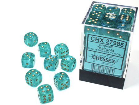 Zestaw Kości Chessex - Borealis Teal/gold Luminary 12mm d6 Dice Block (36 dice)