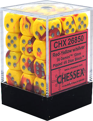 Chessex Gemini 12mm d6 Dice Blocks with pips Dice Blocks (36 Dice) - Red-Yellow w/silver