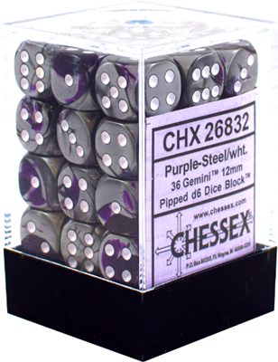 Chessex Gemini 12mm d6 Dice Blocks with pips Dice Blocks (36 Dice) - Purple-Steel w/white