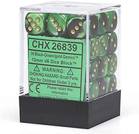 Zestaw Kości Chessex - kości k6 12mm (36 kości) - Black-Green w/gold