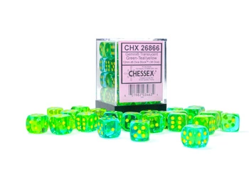 Zestaw Kości Chessex - kości k6 12mm (36 kości)  - Translucent Green-Teal/yellow